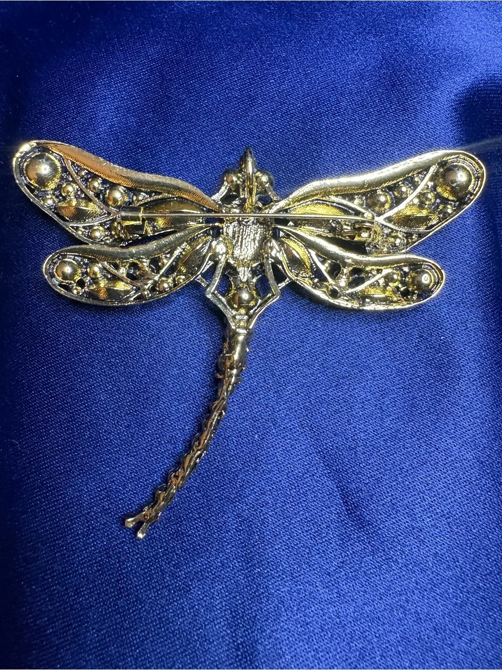 Brooch Dragon Fly Deep Royal Blue Tones Rhinestones Gold Setting Statement